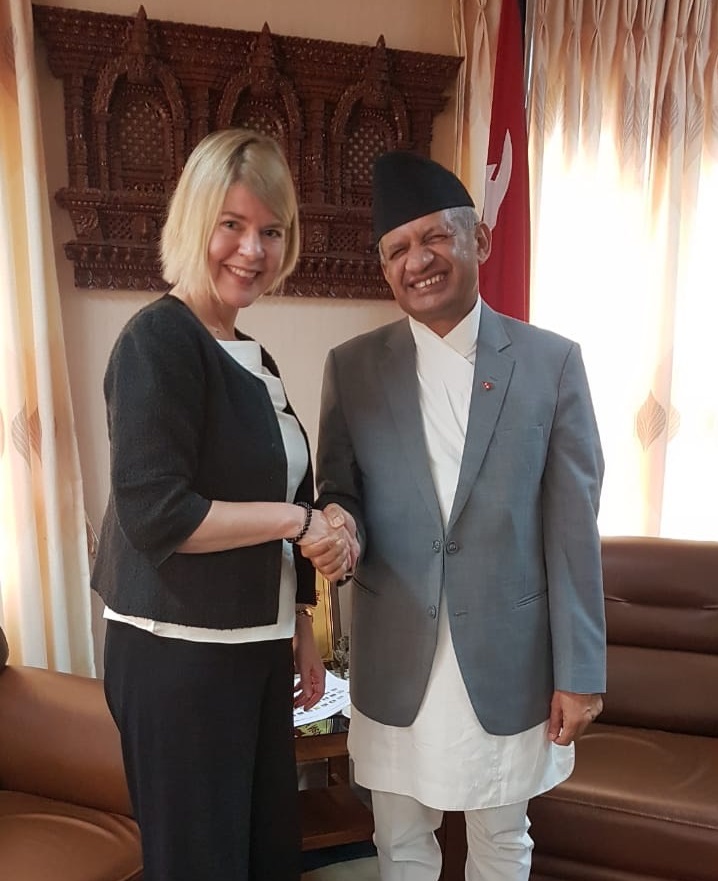 Minister for Foreign Affairs of Nepal, Hon Pradeed Kumar Gyawali with Ms Leena Rikkilä Tamang. Photo credit: International IDEA.